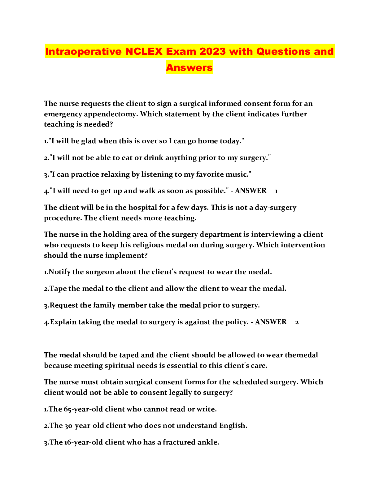Preview image for Intraoperative NCLEX Exam 2023 with Questions and Answers